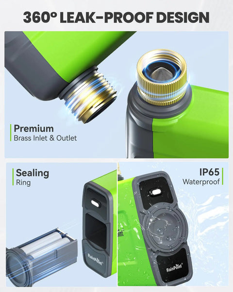 WiFi Water Timer For Garden Hose And Sprinkler System With Smart Valve, brass inlet and outlet detail, leak-proof design