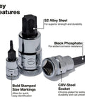 Knurled Torx Bit Socket Set T8 Through T60 For 1/4, 3/8 And 1/2 Inch Drives, Premium Cr-V Steel, MODBox Case, three sockets close-up