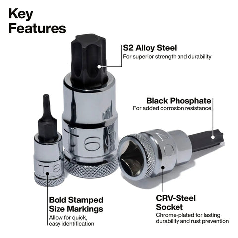 Knurled Torx Bit Socket Set T8 Through T60 For 1/4, 3/8 And 1/2 Inch Drives, Premium Cr-V Steel, MODBox Case, three sockets close-up