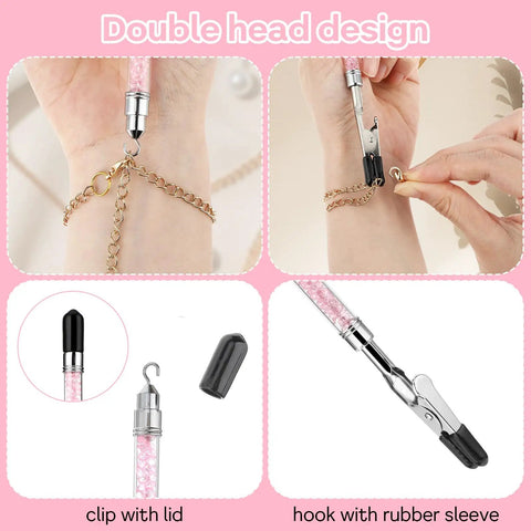2 In 1 Stainless Steel Bracelet Helper Tool for easy slip on wear and clasp fastening with pink rhinestone handle