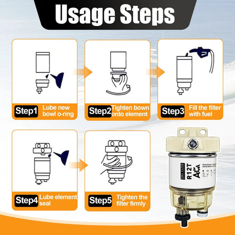 R12T Marine Fuel Water Separator Kit For One Quarter NPT Outboard Motors Fits Gasoline And Diesel Engines Replaces S3240 120AT RK10222 With Clear Nylon Bowl And Self Venting Drain, installation steps diagram