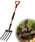 4-Tine Pitch Fork With Foot Step, Ergonomic Y-Handle Garden Digging Fork for soil loosening, potato harvest, shown in use in garden
