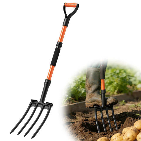 4-Tine Pitch Fork With Foot Step, Ergonomic Y-Handle Garden Digging Fork for soil loosening, potato harvest, shown in use in garden