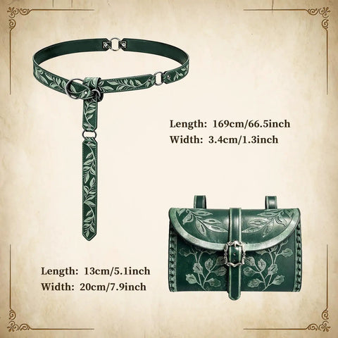 Totally Sick Medieval Renaissance Belt Bag For Women Featuring Green Floral Embossed PU Leather Waist Pouch With Antique Ring Buckle, 13cm x 20cm