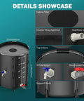 Collapsible 53 Gallon Rain Barrel With Spigot Portable Water Storage Tank details including spigots, debris filter, and zipper.