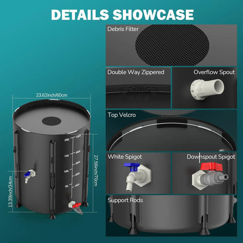 Collapsible 53 Gallon Rain Barrel With Spigot Portable Water Storage Tank details including spigots, debris filter, and zipper.