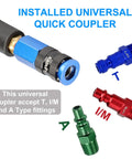 Lightweight Hybrid Air Compressor Hose Quarter Inch X 10 Feet Lay Flat Anti Kink Rubber PVC blend with installed quick coupler.