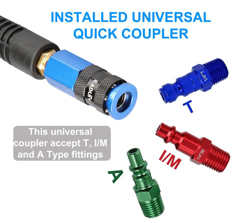 Installed universal quick coupler on hybrid air compressor hose quarter inch by 25 feet with T, I/M, A type fittings.