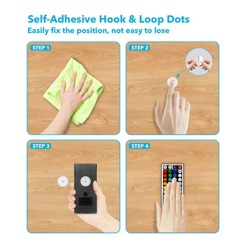 Installation steps for using self-adhesive hook and loop tape with Two Pack 44 Key IR Remote Control for RGB LED Strip Lights.