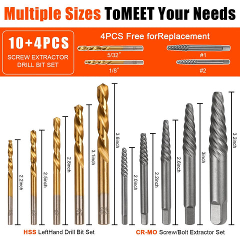 Damaged Screw Extractor Set With Left Hand Drill Bits For Easy Out Removing Broken Bolts And Nuts 14 Piece DIY Tools