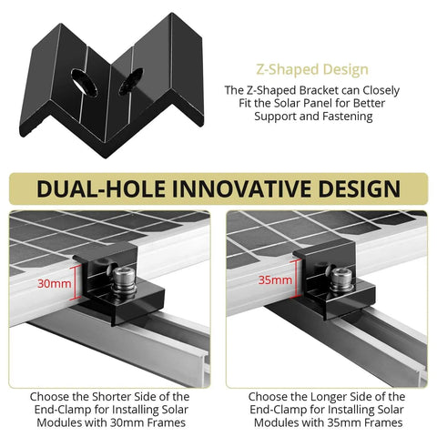 Dual-hole design of Ten Piece Solar Panel End Clamp Kit Fits 30Mm And 35Mm Rails Aluminum Z Brackets with nuts and bolts.