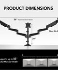 Triple Monitor Desk Mount Stand dimensions showing maximum arm reach of 56 inches for 17 to 32 inch screens.