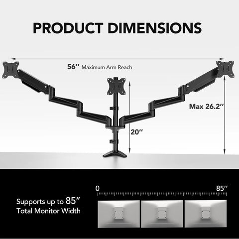 Triple Monitor Desk Mount Stand dimensions showing maximum arm reach of 56 inches for 17 to 32 inch screens.