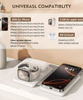 Three In One Magnetic Wireless Charger Travel Station For iPhone 17 16 15 14 13 12 Pro Max Plus Watch AirPods Foldable Charging Pad On The Go With Magnetic Alignment For Seamless Apple Watch AirPods And iPhone Docking displaying charging setup with iPhone, Watch, and AirPods