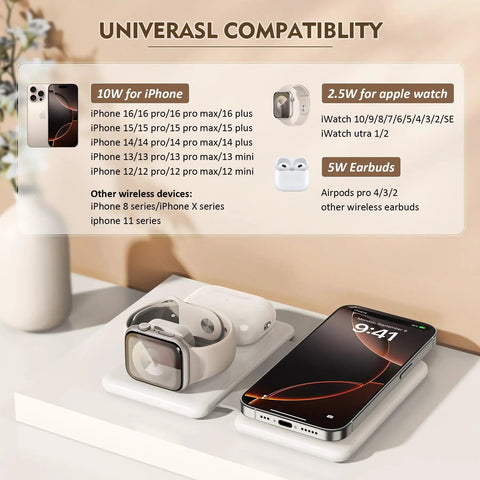 Three In One Magnetic Wireless Charger Travel Station For iPhone 17 16 15 14 13 12 Pro Max Plus Watch AirPods Foldable Charging Pad On The Go With Magnetic Alignment For Seamless Apple Watch AirPods And iPhone Docking displaying charging setup with iPhone, Watch, and AirPods
