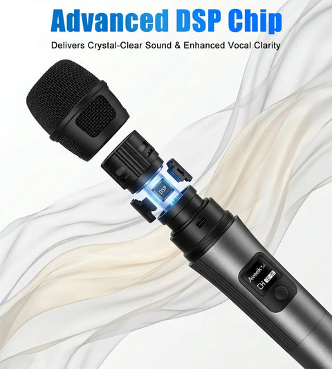Close-up of Ultra Long Range Wireless Microphone System With 262Ft Stable Transmission and Advanced DSP Chip technology