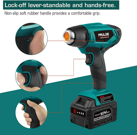 Cordless Heat Gun 20V Max With 4.0Ah Battery And Fast Charger, ergonomic design with non-slip rubber grip detail