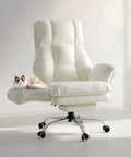 Big And Tall Office Chair With Flip Armrests For Pets And Cross Legged Sitting Boss Level Ergonomic Computer Gaming Chair With Foot Rest Teddy Fleece Wide Seat Reclining Desk Chair For Home Office, featuring plush white fabric and a cat sitting on the armrest.