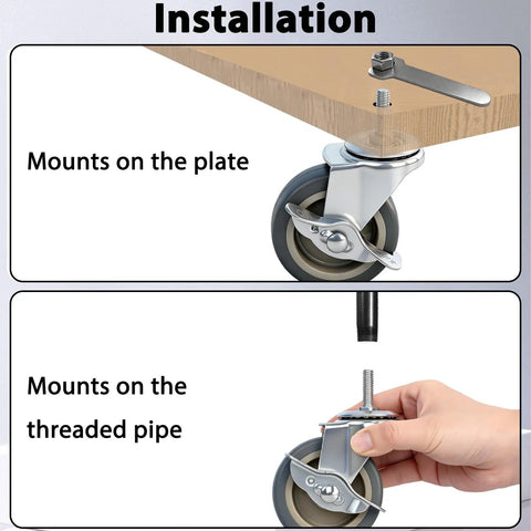 Top Shelf 3 Inch TPR Threaded Stem Castors 5 16 18 X 1 Set Of 4 shown installing on plate and threaded pipe for office furniture.