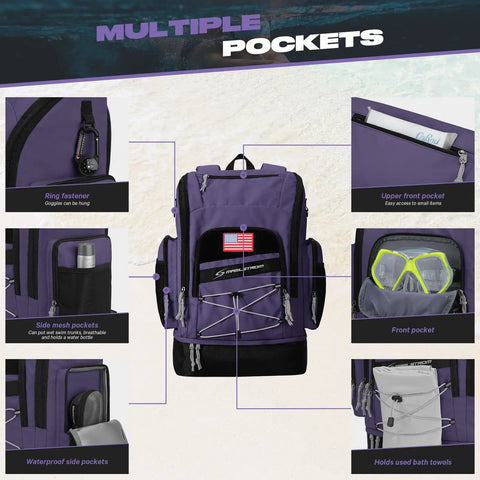 35L Waterproof Swim Backpack With Separate Shoes Compartment in purple, showcasing multiple pockets and compartments for optimal organization.