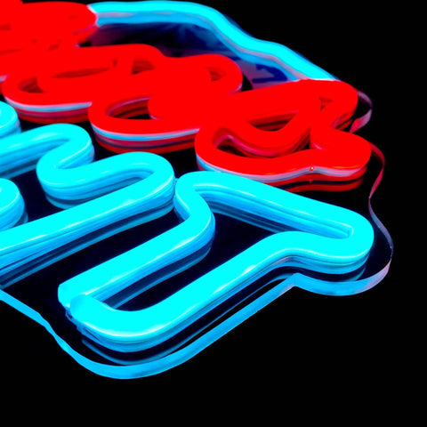 Close-up of Beer Neon Sign LED Bar Light For Man Cave And Home Bar Decor Mountain Pattern with red and ice blue glow