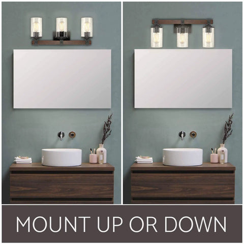 3-Light Farmhouse Vanity Light, 23 Inches, Black Textured Finish With Seeded Glass Shades And Walnut Wood Bar over two mirrors