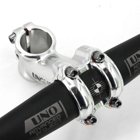 Close-up of glossy silver 35 Degree 90mm 31.8 Stem Riser for Mountain Road and BMX rigs with 31.8mm clamp on handlebars.