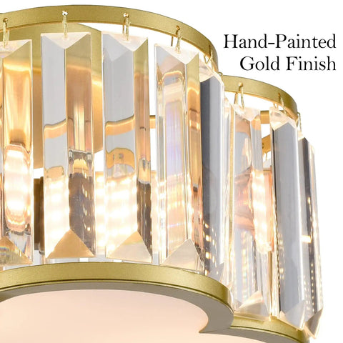 Glow Up Your Space With A Luxe Crystal Flush Mount Ceiling Light In Gold Finish, close-up of flower drum crystals detail