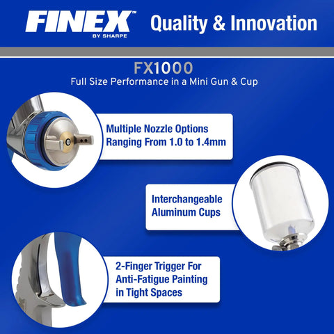 Mini HVLP FX1000 Paint Spray Gun With 1.4 Mm Nozzle Two Finger Control features and specifications overview.