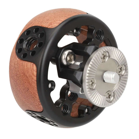 Close-up of Camera Hand Grip Side Handle With 360 Degree Rotation, aluminum alloy wood grip, rosette mount with threads visible.