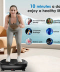 Woman exercising on Vibration Plate Exercise Machine For Whole Body Workout And Weight Loss At Home, promoting health benefits.