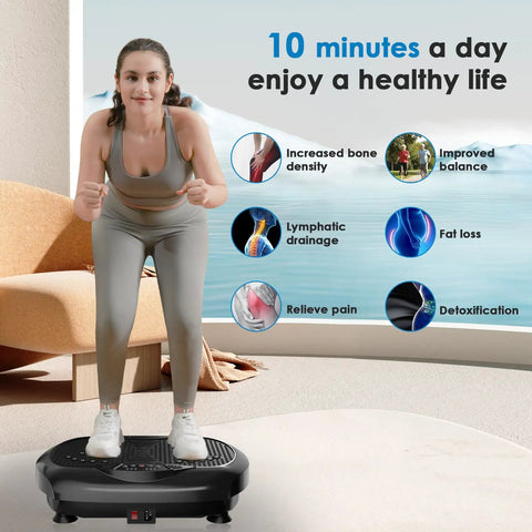 Woman exercising on Vibration Plate Exercise Machine For Whole Body Workout And Weight Loss At Home, promoting health benefits.