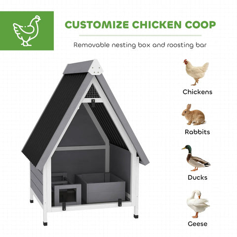 Outdoor Wooden Chicken Coop For Two Hens With Removable Nesting Box, Roosting Bar, and small animal compatibility diagram.