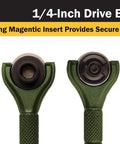 One Quarter Inch Drive Swivel Head Micro Ratcheting Bit Driver With Four Inch Length Ninety Tooth Reversible Ratchet in green