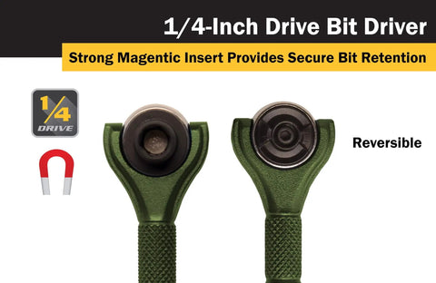 One Quarter Inch Drive Swivel Head Micro Ratcheting Bit Driver With Four Inch Length Ninety Tooth Reversible Ratchet in green