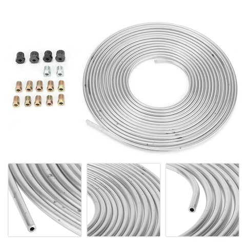 Heavy Duty Copper Plated Brake Line Tubing 25 Feet With Fittings Three Sixteenth Inch Outer Diameter For Hydraulic Braking And Fuel Systems Silver Finish Built To Last Flexible Easy To Bend And Flare.