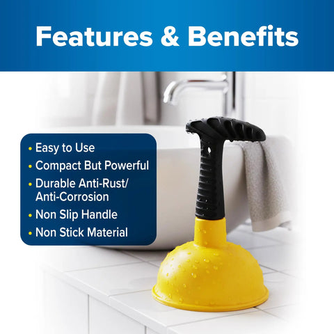 Mini Sink Plunger With Short Handle, Powerful And Easy To Use Clog Remover For Bathroom Drains, Showers, Bathtubs, Toilets, RVs And Kitchen Sinks In Yellow