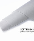Close-up of rolled automotive headliner fabric, gray suede-polyester with foam backing, 96 in L × 60 in W.