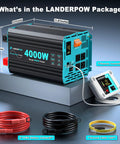 No Sweat 4000 Watt Inverter Pure Sine Wave Converting 12V DC To 110 120V AC package showing inverter dimensions and accessories.