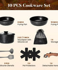 Removable Handle Induction Pots And Pans Set 10 Piece Nonstick Cookware Black Granite Stackable RV Friendly