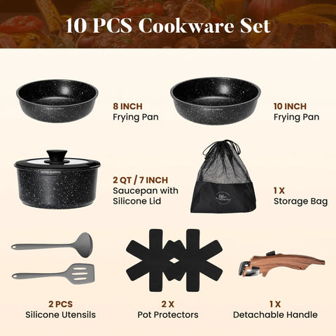 Removable Handle Induction Pots And Pans Set 10 Piece Nonstick Cookware Black Granite Stackable RV Friendly