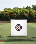 58 By 58 Inch Golf Target Cloth For Indoor And Outdoor Practice, Heavy Duty Canvas Hitting Target with black target rings on high visibility white backdrop hanging in a netted frame on grass.
