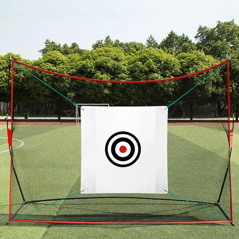 58 By 58 Inch Golf Target Cloth For Indoor And Outdoor Practice, Heavy Duty Canvas Hitting Target with black target rings on high visibility white backdrop hanging in a netted frame on grass.