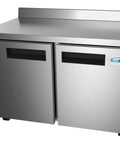 Built Tough 48 Inch Stainless Steel Commercial Worktop Freezer With Dual Doors and Sturdy Backsplash, showing two doors and prep surface.
