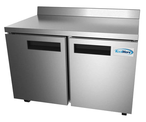 Built Tough 48 Inch Stainless Steel Commercial Worktop Freezer With Dual Doors and Sturdy Backsplash, showing two doors and prep surface.