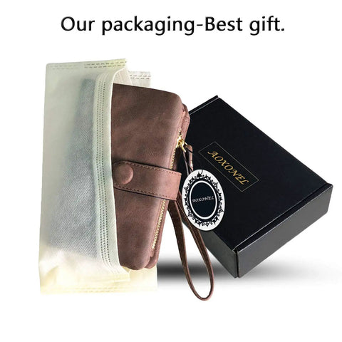 Must Have Women's Small Bifold Leather Wallet With RFID Blocking And Wristlet Strap, shown in packaging with box and pouch.