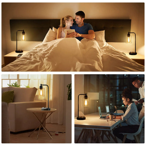 Industrial Table Lamps Set Of 2 With USB Ports And AC Outlet Fully Dimmable Bedside Lamps With Glass Shade in bedroom and office.