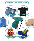Top Shelf Clothing Tagging Gun Kit With 400 White Apparel Labels And 1600 Heavy Duty Barbs Includes Six Stainless Steel Needles For Smooth Pricing And No Sweat Retail Inventory Organization All Day applied to various items like pants, t-shirts, hats, and bags.