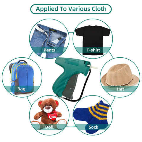 Top Shelf Clothing Tagging Gun Kit With 400 White Apparel Labels And 1600 Heavy Duty Barbs Includes Six Stainless Steel Needles For Smooth Pricing And No Sweat Retail Inventory Organization All Day applied to various items like pants, t-shirts, hats, and bags.
