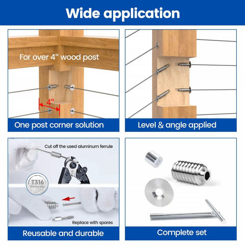 Diagram showing Patented Hidden End One Eighth Inch Invisible Cable Railing Kit With Swage Lag Screws And Aluminum Ferrules used on wood post.